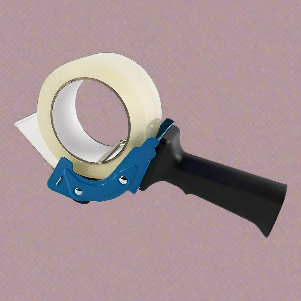Mouse trap style tape gun in hand during use
Tape gun dispenser with ergonomic grip and metal body
Close-up of T250426 heavy-duty tape gun loading area
Heavy-duty black and blue packing tape dispenser
Shipping tape dispenser shown with standard tape roll