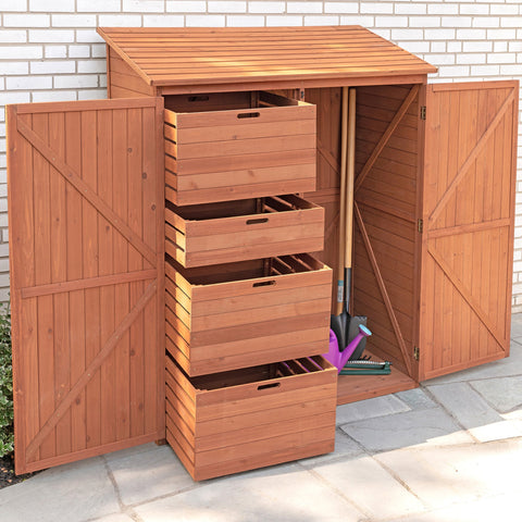 Multi-Compartment Outdoor Storage Cabinet with Pull-Out Crates
Wooden Garden Storage Cabinet for Tools and Accessories
Rustic Brown Outdoor Storage Cabinet with Multiple Shelves
Backyard Wooden Storage Box for Garden Organization