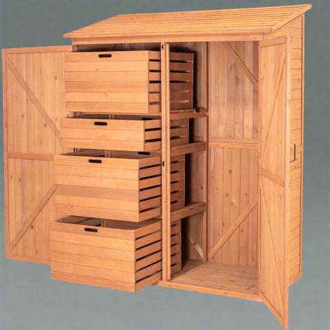 Multi-Compartment Outdoor Storage Cabinet with Pull-Out Crates
Wooden Garden Storage Cabinet for Tools and Accessories
Rustic Brown Outdoor Storage Cabinet with Multiple Shelves
Backyard Wooden Storage Box for Garden Organization