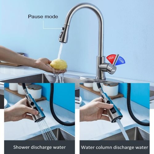 Modern stainless steel kitchen faucet with 3-function spray head and brushed nickel finish