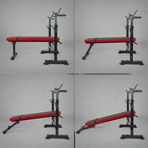 Adjustable Olympic workout bench with barbell rack and red cushion
Multifunctional fitness bench for squats, presses, and dumbbell exercises
Foldable gym bench with 6-position backrest and anti-slip base
Compact home gym bench with barbell stand and dip handles
Full-body strength training bench for home or personal gym use