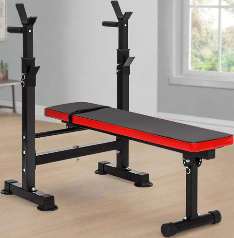 Adjustable Olympic workout bench with barbell rack and red cushion
Multifunctional fitness bench for squats, presses, and dumbbell exercises
Foldable gym bench with 6-position backrest and anti-slip base
Compact home gym bench with barbell stand and dip handles
Full-body strength training bench for home or personal gym use
