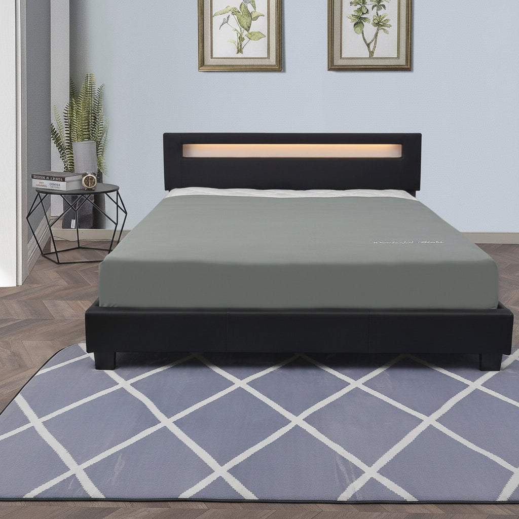Modern black upholstered bed frame with LED headboard and PU leather finish – available in Twin, Full, Queen, and King sizes