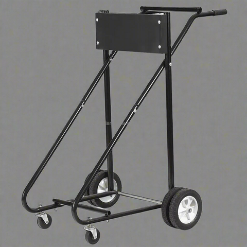 Heavy-duty outboard motor stand with 315 lb capacity
Boat engine carrier with rubber tires and steel frame”
Side view of portable outboard motor repair stand
Foldable marine engine stand with rear and front wheels