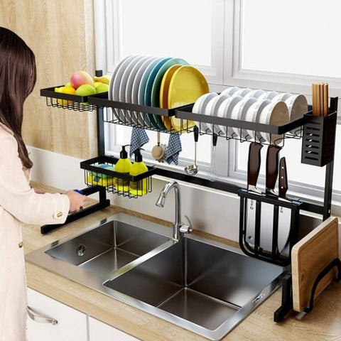 Black stainless steel over-the-sink dish drying rack with hooks and shelves