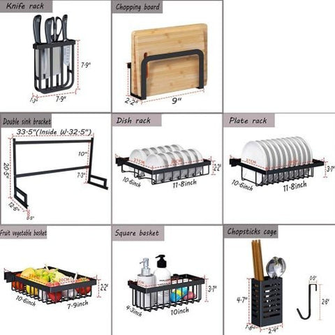 Black stainless steel over-the-sink dish drying rack with hooks and shelves
