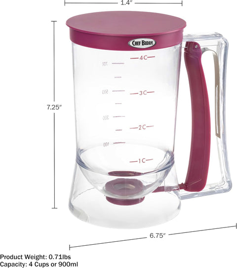 4 Cup Pancake & Waffle Batter Dispenser – Purple Handle
No-Drip Batter Dispenser for Muffins and Cupcakes
Easy-Pour Spring-Handle Pancake Batter Dispenser
Kitchen Baking Tool – Batter Dispenser with Measurement Markings
Pancake and Muffin Batter Dispenser 900ml Capacity