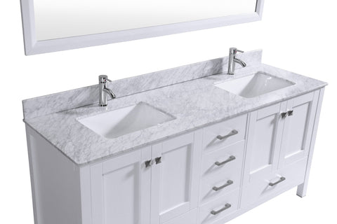 White freestanding bathroom vanity with matching mirror and chrome hardware