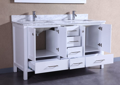 Soft-close drawers and 4-door storage in white double sink vanity