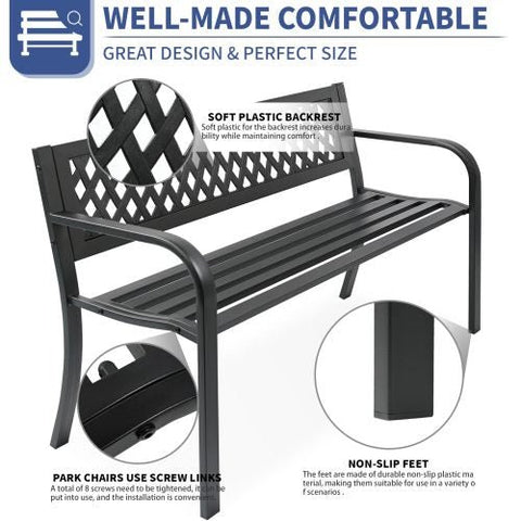 Black Patio Metal Garden Bench with Backrest – Front View
Decorative Steel Garden Bench – Close-Up of Backrest Scroll Design
Weather-Resistant Outdoor Bench – Side Angle
Outdoor Seating Metal Bench – On Lawn
Backyard Garden Bench with Armrests – Lifestyle Use
