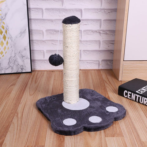 12" paw print cat scratching post with hanging play ball
compact cat tower for kittens with white post and black base
cat scratcher with interactive ball toy
cute cat scratching post with paw-shaped base
indoor kitten play stand for active pets