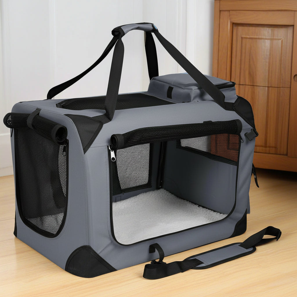 Foldable pet soft crate for large dogs and cats
Pet inside soft-sided crate with mesh panels
Portable travel kennel with reinforced frame
Side ventilation and top zipper of crate
Soft dog crate collapsed flat for storage
