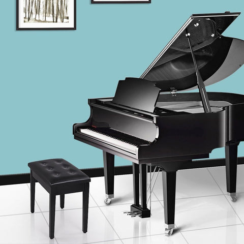 "Adjustable black faux leather piano bench with padded cushion and hidden storage – Model LPB55H"