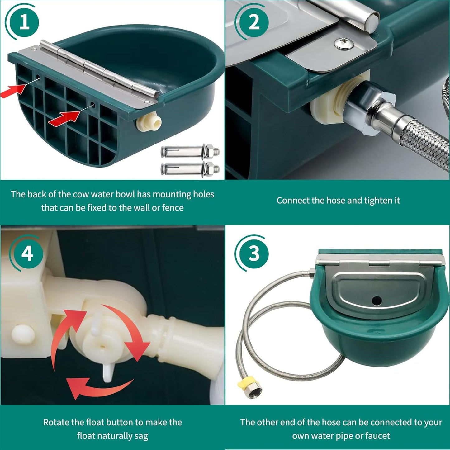 Plastic Automatic Livestock Water Bowl – Model 2156051 (Top View)
Eco-Friendly Green Plastic Animal Drinker with Hose Attachment
Automatic Animal Waterer for Goats, Cattle, and Dogs – Close-up
Wall-Mount Livestock Water Bowl with Inlet Fitting – Side View