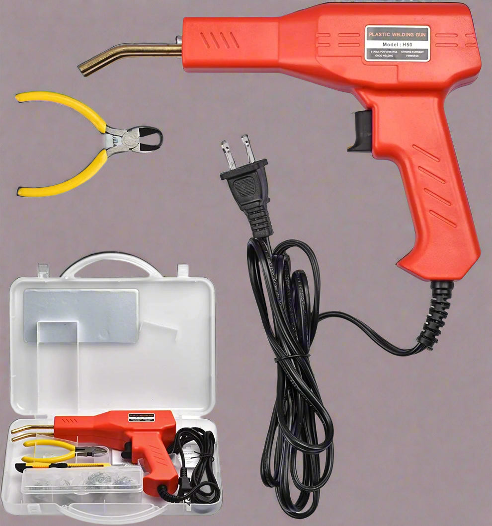 "Plastic Welder Gun Kit with Staples and Accessories"
"Car Bumper and Dashboard Plastic Repair Welding Gun"
"DIY Plastic Welding Gun for Automotive and Home Repairs"
"Plastic Welding Repair Tool Set with Assorted Staples"
