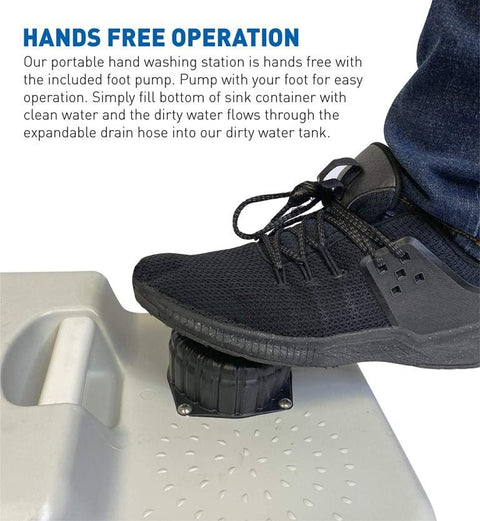 “Portable outdoor sink with foot pump and soap dispenser”
“Camping sink with 19L tank and wheels for transport”
“Foot-operated hand washing station for outdoor use”
“Self-contained camping sink system for hygiene and sanitation”
“Mobile sink with carry handle, water tank, and foot pedal”