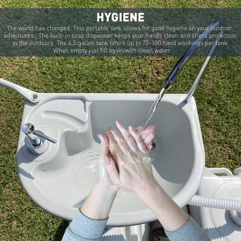 “Portable outdoor sink with foot pump and soap dispenser”
“Camping sink with 19L tank and wheels for transport”
“Foot-operated hand washing station for outdoor use”
“Self-contained camping sink system for hygiene and sanitation”
“Mobile sink with carry handle, water tank, and foot pedal”