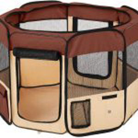 Portable 8-panel pet playpen setup outdoors
Foldable dog and cat kennel with zippered mesh top
Carry case for foldable dog playpen
Reinforced dog playpen with bottle holder and mesh windows
Pet playpen folded flat for travel or storage