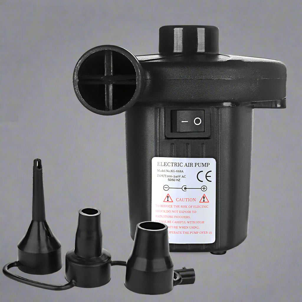 Portable electric air pump with 3 nozzle attachments
Quick fill air pump for air mattress and inflatables
Dual power inflator deflator with AC and car adapter