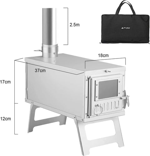 Wood burning stove set up inside a canvas tent for heating and cooking