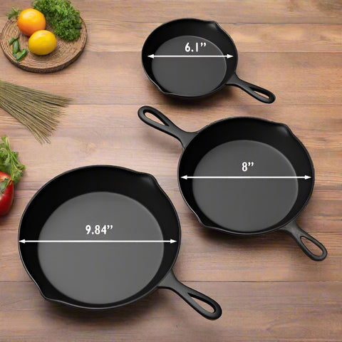 3-piece cast iron skillet set with 10-inch, 8-inch, and 6-inch pre-seasoned cookware for indoor and outdoor cooking