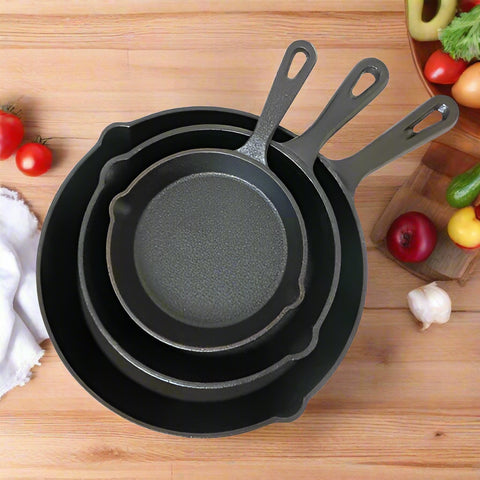 3-piece cast iron skillet set with 10-inch, 8-inch, and 6-inch pre-seasoned cookware for indoor and outdoor cooking