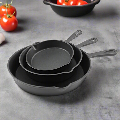 3-piece cast iron skillet set with 10-inch, 8-inch, and 6-inch pre-seasoned cookware for indoor and outdoor cooking