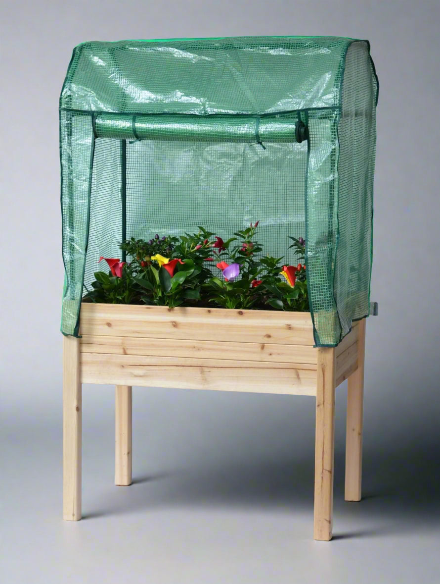 Raised garden planter with greenhouse cover 35.5x23.5x30 inches
Elevated fir wood garden bed with clear PVC cover
Weather-protected garden box for vegetables and herbs
Compact greenhouse planter for patios and balconies
Removable cover on wooden raised bed planter RGT131GH