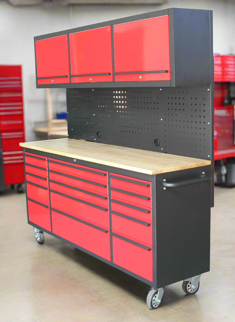 Red 17-drawer rolling tool chest with workbench top
Heavy-duty garage tool cabinet with rubberwood work surface
Industrial mobile workbench with 15 smooth-glide drawers
Garage storage cabinet with aluminum handles and locking system