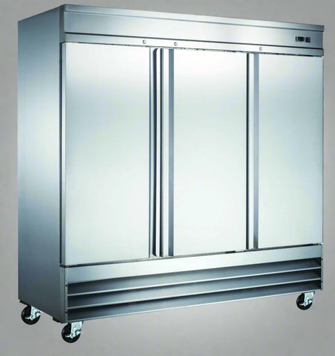 • “3 door stainless steel commercial freezer”
• “Interior view of commercial fridge shelving”
• “Digital temperature display for commercial freezer”
• “Heavy-duty caster wheels on restaurant freezer”
• “Lockable stainless door for commercial kitchen fridge”