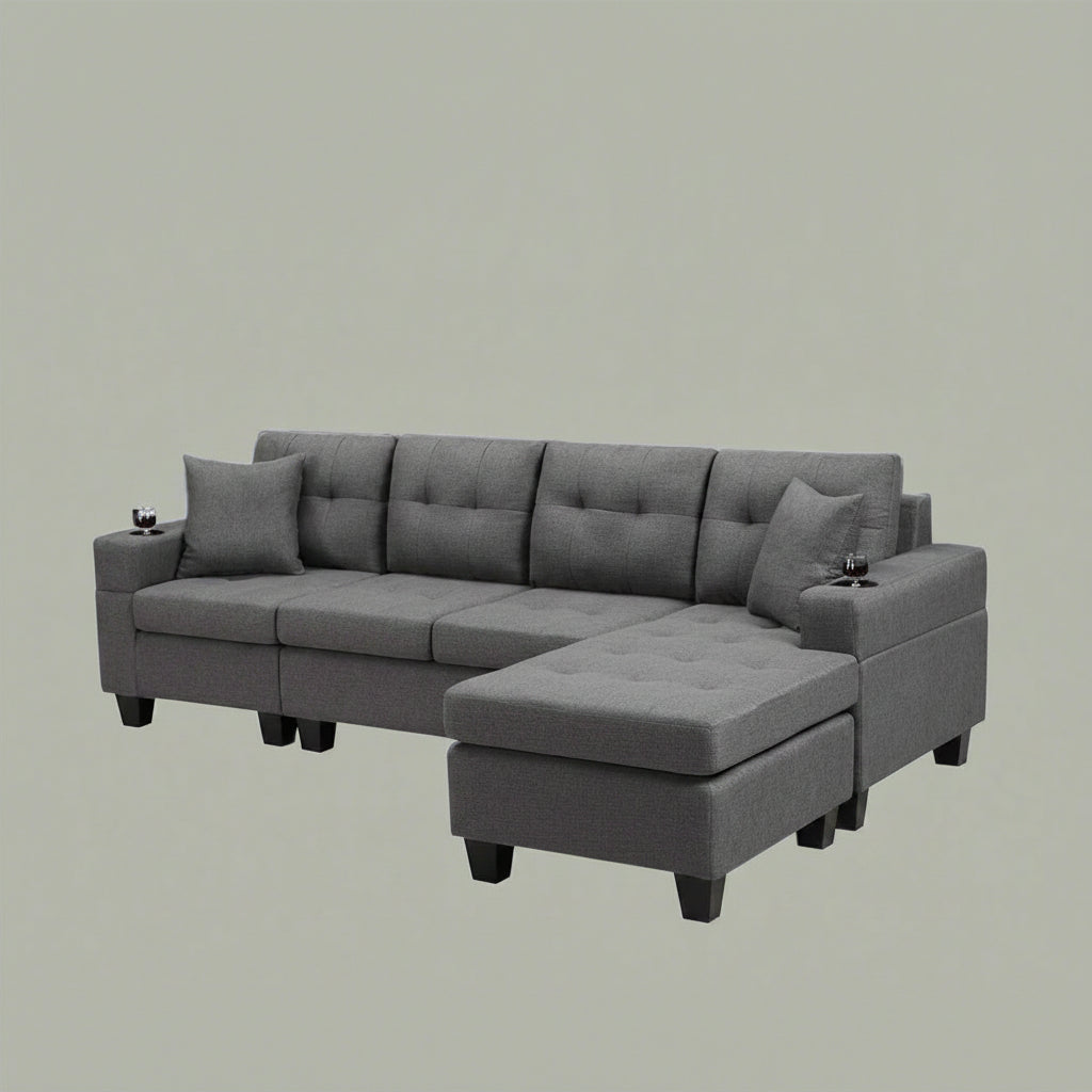 Reversible 4-Seater L-Shape Sectional Sofa with Chaise and Ottoman – Modern Upholstered Couch for Apartments and Small Living Rooms