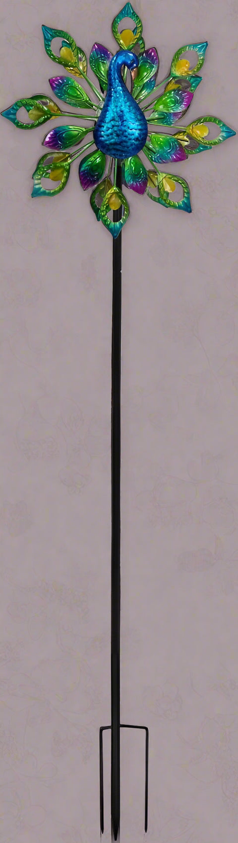 Large RGB LED solar-powered peacock wind spinner stake
Double windmill garden decor with color-changing lights
Outdoor kinetic wind spinner with solar illumination