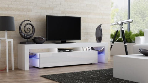Modern RGB LED TV stand with lights under flat-screen TV
Black gloss entertainment unit with RGB lights in living room
White TV console with open shelving and LED lighting
Stylish high gloss media cabinet with mood lighting
Contemporary entertainment center for 75 inch TVs