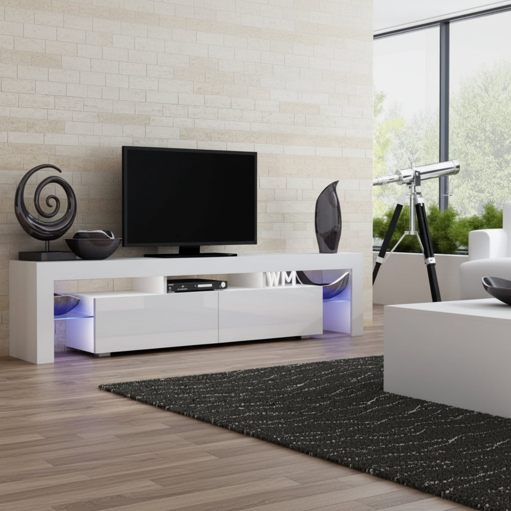 Modern RGB LED TV stand with lights under flat-screen TV
Black gloss entertainment unit with RGB lights in living room
White TV console with open shelving and LED lighting
Stylish high gloss media cabinet with mood lighting
Contemporary entertainment center for 75 inch TVs