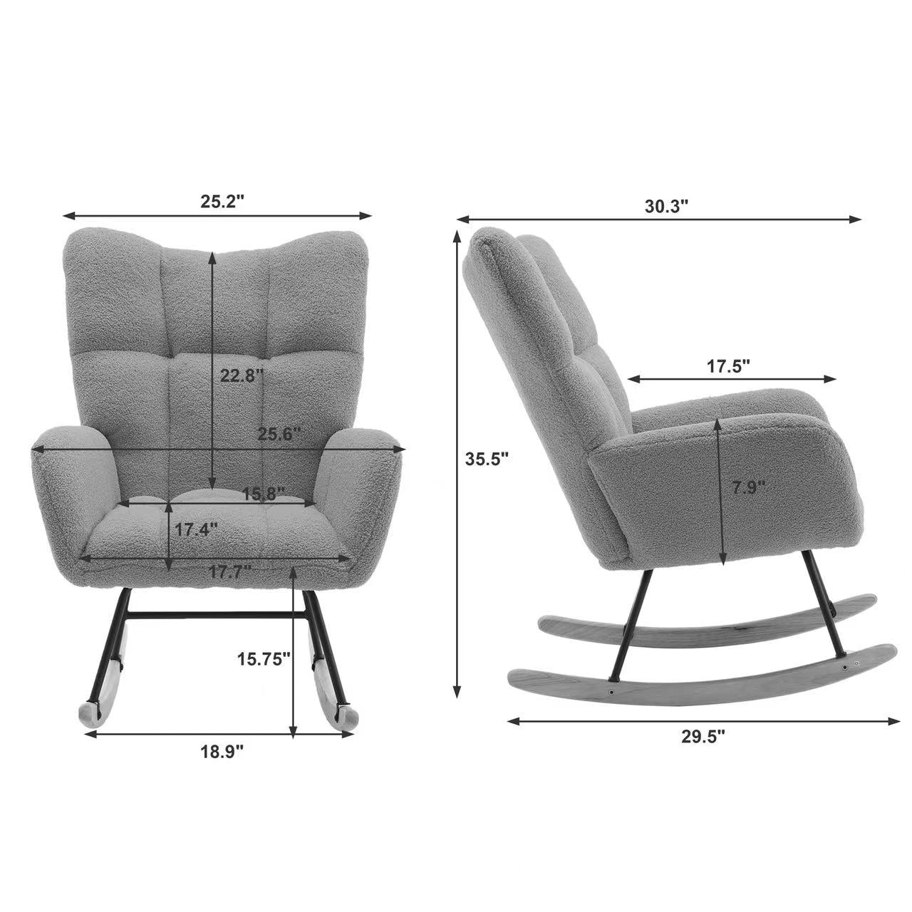 Gray ergonomic glider rocking chair for nursery with wood base
White soft upholstered rocking chair with curved wood base
Rocking chair for the living room with ergonomic support and plush padding