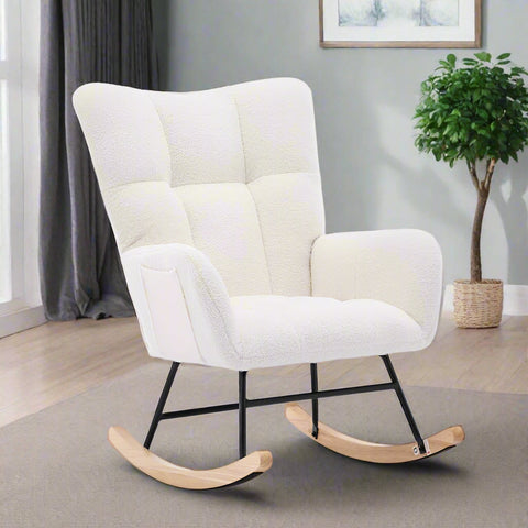 Gray ergonomic glider rocking chair for nursery with wood base
White soft upholstered rocking chair with curved wood base
Rocking chair for the living room with ergonomic support and plush padding