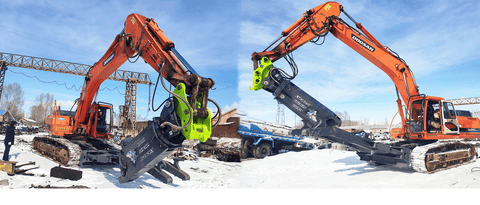 JS280RT Rotating Hydraulic Scrap Shear Attachment for Excavators – HARDOX steel build with yellow and orange finish