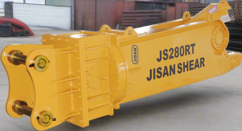 JS280RT Rotating Hydraulic Scrap Shear Attachment for Excavators – HARDOX steel build with yellow and orange finish