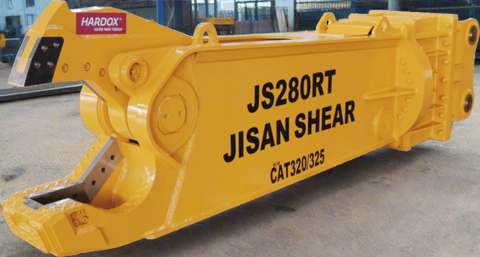 JS280RT Rotating Hydraulic Scrap Shear Attachment for Excavators – HARDOX steel build with yellow and orange finish