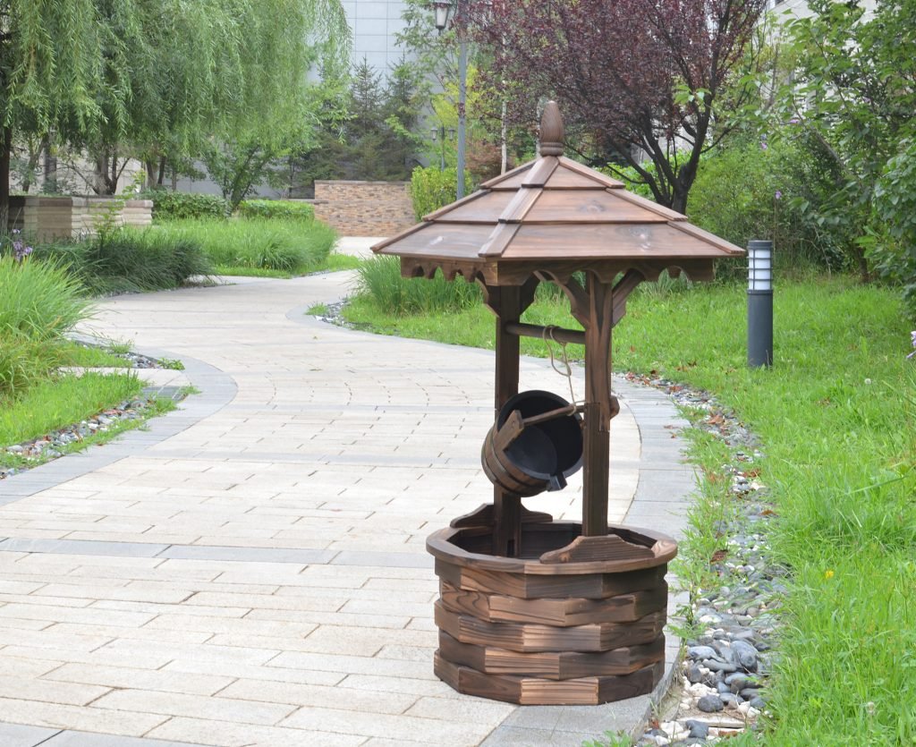 wooden garden water fountain with rustic barrel design
round outdoor fountain made of solid fir wood
vintage patio water feature with continuous water flow
backyard decor fountain with soothing water sound
rustic outdoor wooden barrel fountain placed in garden