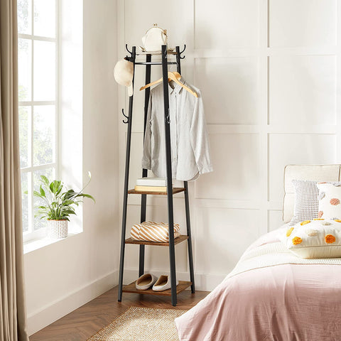 Rustic 3-shelf coat stand with black steel frame and wooden finish
Freestanding coat hanger with hooks and storage shelves for entryways
Industrial coat rack for home, office, or dorm use
Brown and black coat stand for modern rustic décor
Functional entryway storage stand with hanging and shelving options