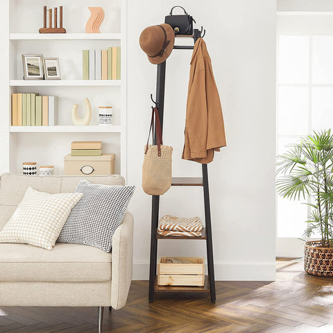 Rustic 3-shelf coat stand with black steel frame and wooden finish
Freestanding coat hanger with hooks and storage shelves for entryways
Industrial coat rack for home, office, or dorm use
Brown and black coat stand for modern rustic décor
Functional entryway storage stand with hanging and shelving options