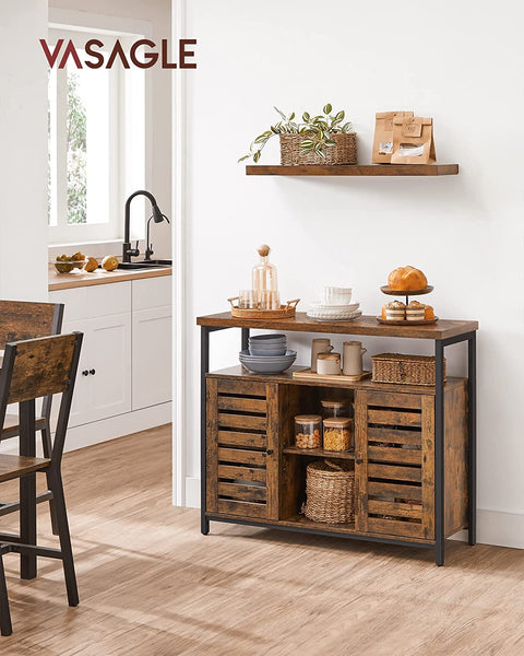 Rustic buffet cabinet with two louvered doors and adjustable shelves
Brown sideboard with open storage compartments and steel legs
Side view of rustic farmhouse cabinet in living room
Top surface of buffet cabinet styled with dishes and decor
Inside view of adjustable shelves and storage compartments