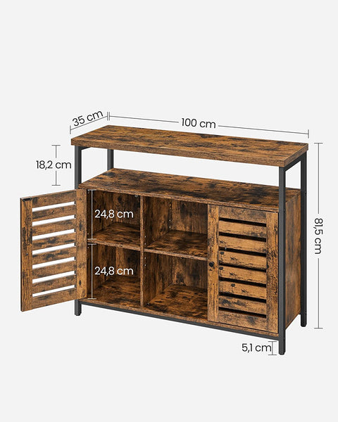 Rustic buffet cabinet with two louvered doors and adjustable shelves
Brown sideboard with open storage compartments and steel legs
Side view of rustic farmhouse cabinet in living room
Top surface of buffet cabinet styled with dishes and decor
Inside view of adjustable shelves and storage compartments