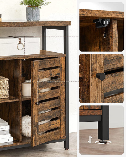 Rustic buffet cabinet with two louvered doors and adjustable shelves
Brown sideboard with open storage compartments and steel legs
Side view of rustic farmhouse cabinet in living room
Top surface of buffet cabinet styled with dishes and decor
Inside view of adjustable shelves and storage compartments