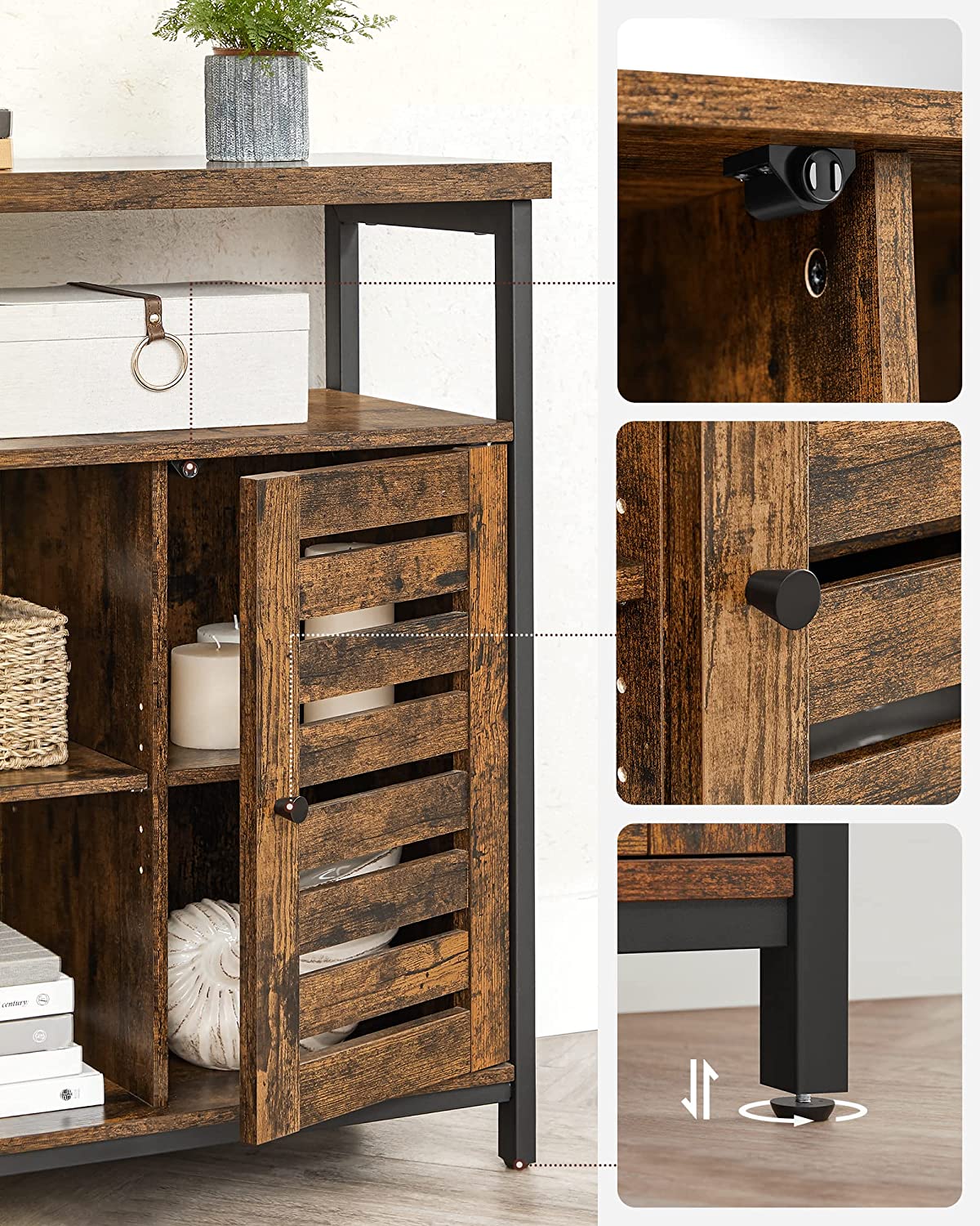 Rustic buffet cabinet with two louvered doors and adjustable shelves
Brown sideboard with open storage compartments and steel legs
Side view of rustic farmhouse cabinet in living room
Top surface of buffet cabinet styled with dishes and decor
Inside view of adjustable shelves and storage compartments