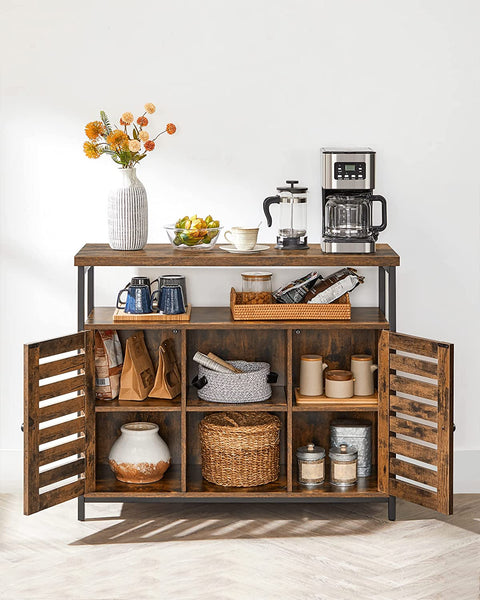 Rustic buffet cabinet with two louvered doors and adjustable shelves
Brown sideboard with open storage compartments and steel legs
Side view of rustic farmhouse cabinet in living room
Top surface of buffet cabinet styled with dishes and decor
Inside view of adjustable shelves and storage compartments