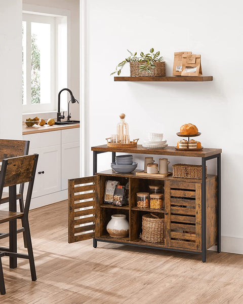 Rustic buffet cabinet with two louvered doors and adjustable shelves
Brown sideboard with open storage compartments and steel legs
Side view of rustic farmhouse cabinet in living room
Top surface of buffet cabinet styled with dishes and decor
Inside view of adjustable shelves and storage compartments