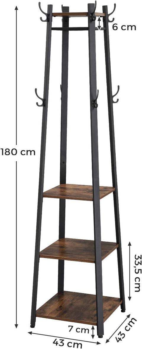 Rustic 3-Tier Ladder Coat Rack with Hooks – Industrial Entryway Organizer with Wood Shelves and Brown Metal Frame
