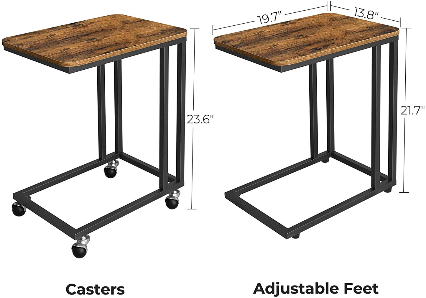 Rustic side table with laptop on top near sofa
Rolling wood TV tray with black metal legs
End table with wheels next to couch
Industrial-style side table for laptop and coffee